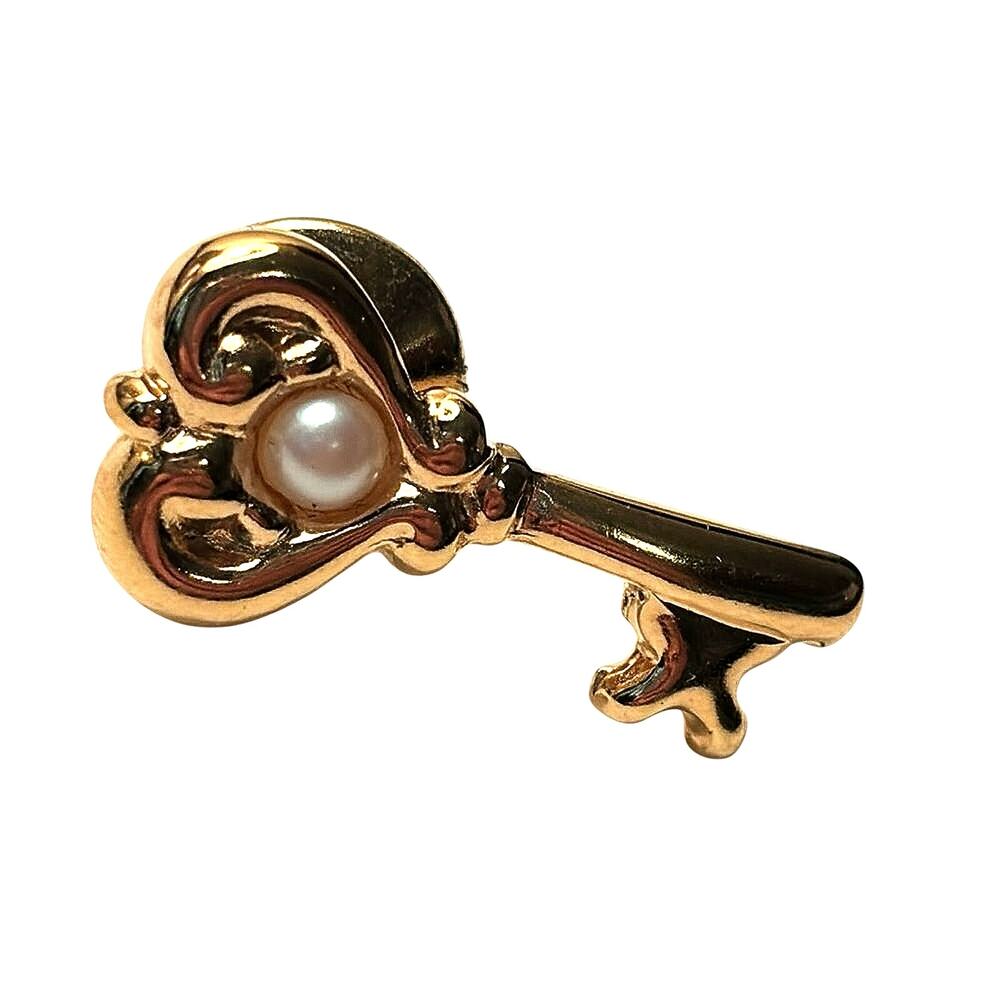Vintage Gold Tone Key Tie Tack Lapel Pin Faux Pearl Accent